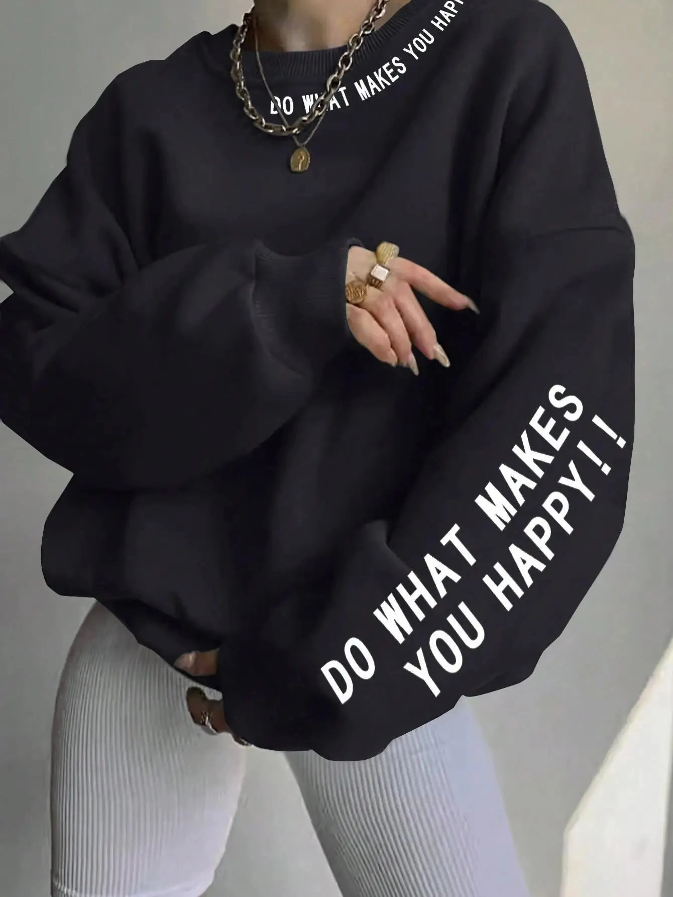 Do What Makes You Happy Letter Printing Sweatshirt Women Loose Crewneck Fleece Pullover for Streetwear Autumn Winter