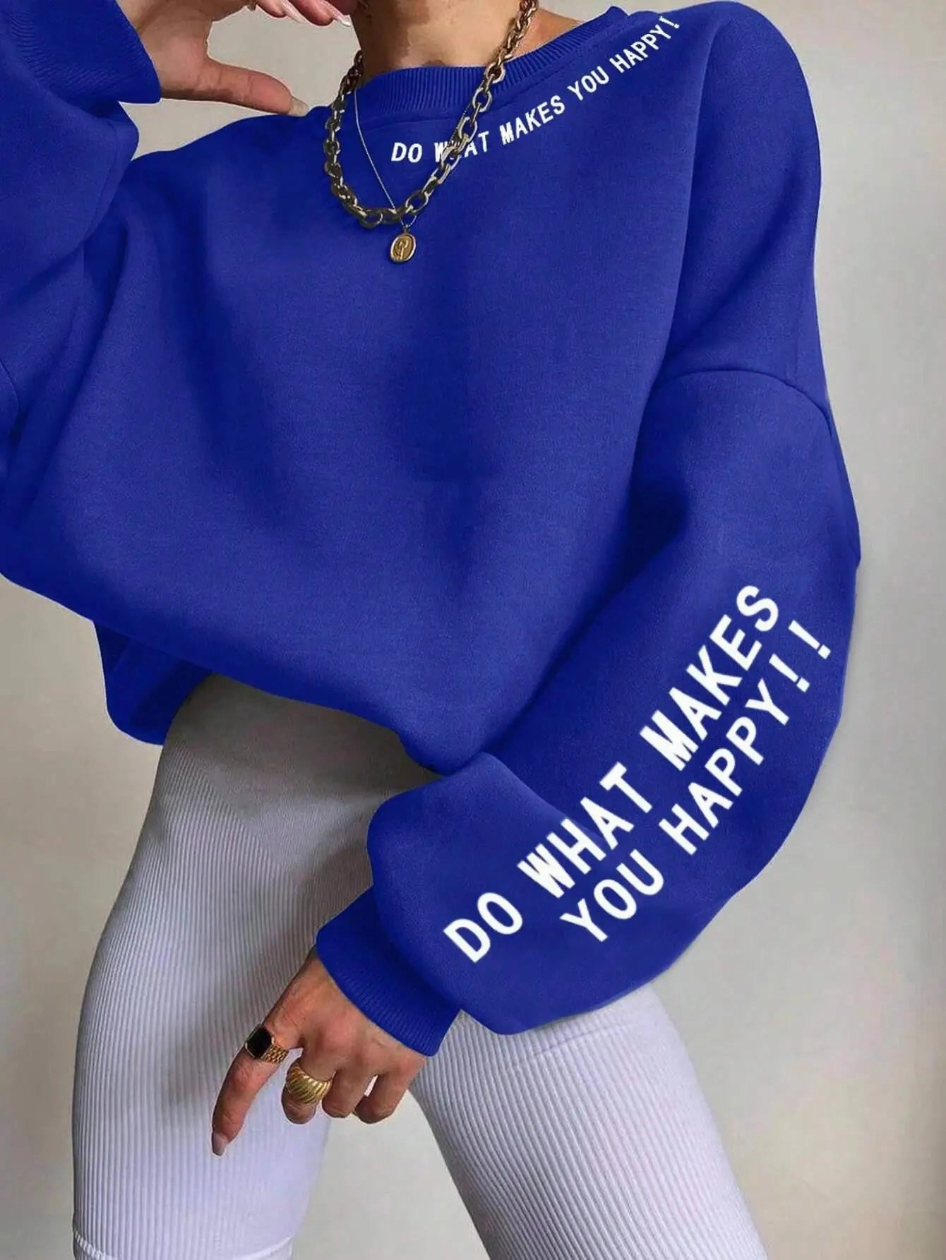 Do What Makes You Happy Letter Printing Sweatshirt Women Loose Crewneck Fleece Pullover for Streetwear Autumn Winter