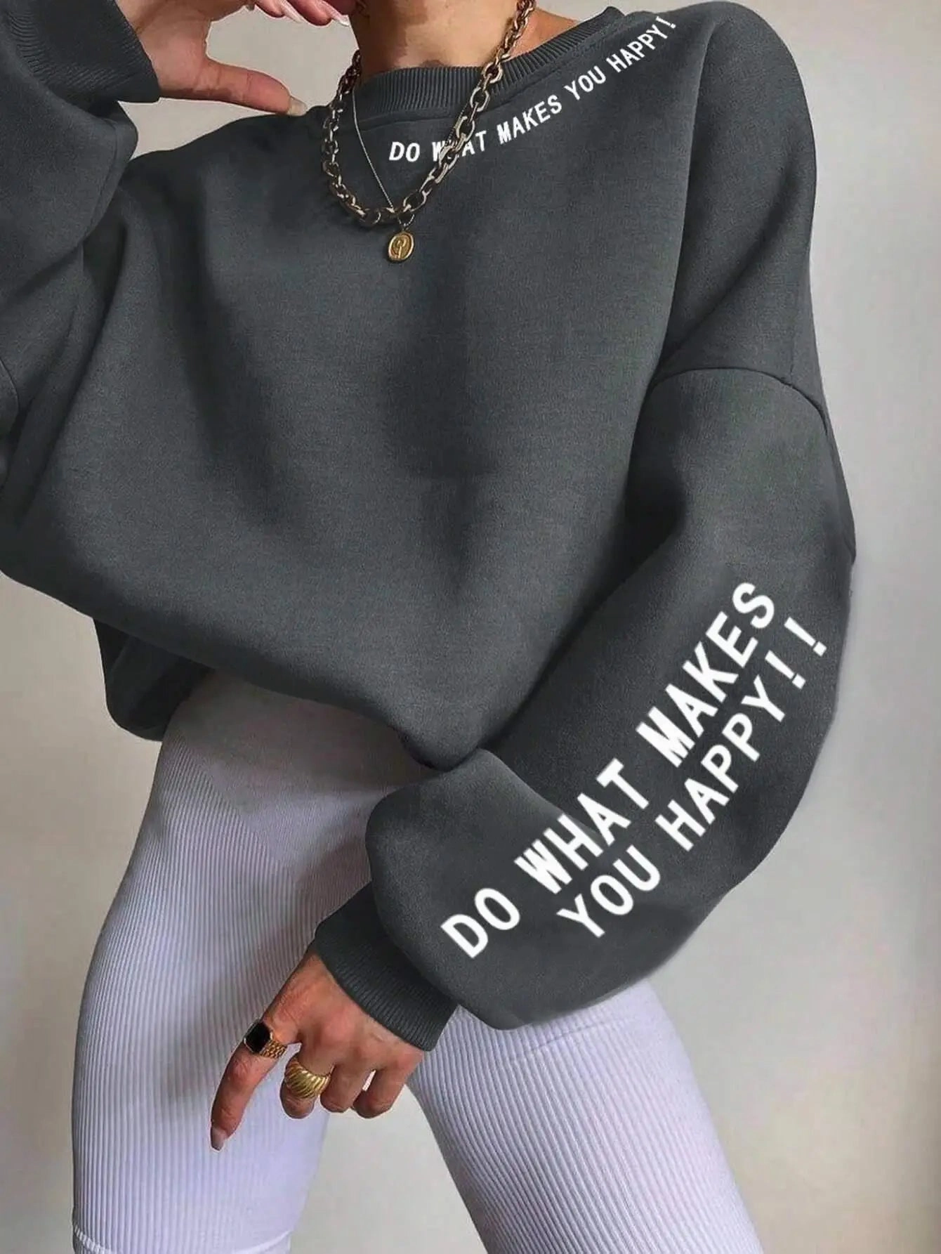 Do What Makes You Happy Letter Printing Sweatshirt Women Loose Crewneck Fleece Pullover for Streetwear Autumn Winter