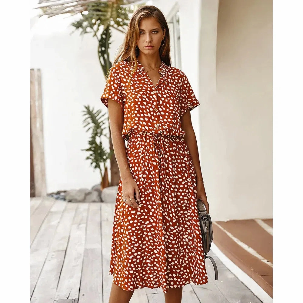 Dots Print White Dress Women Summer Short Sleeve Tunic Boho Midi Dresses
