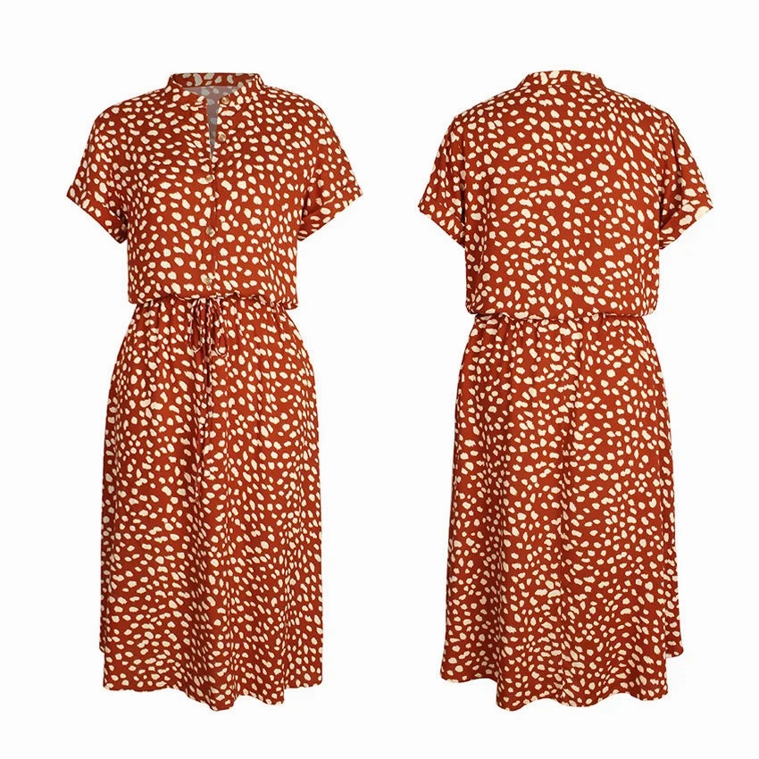 Dots Print White Dress Women Summer Short Sleeve Tunic Boho Midi Dresses