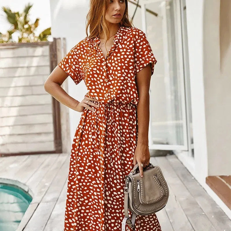 Dots Print White Dress Women Summer Short Sleeve Tunic Boho Midi Dresses