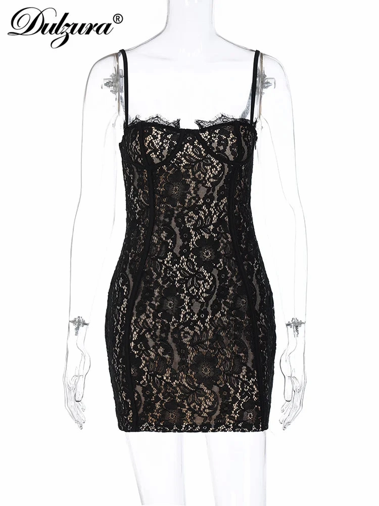 Dulzura Summer Women Lace Strap Mini Dress Bodycon