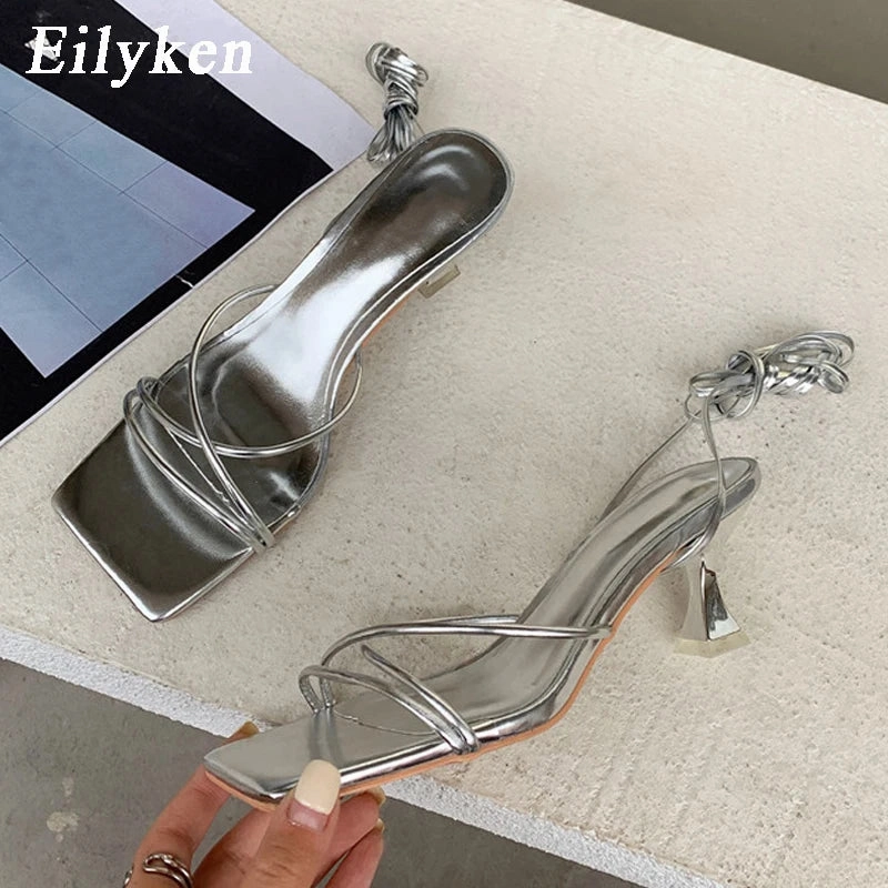 Eilyken Fashion Gold Silver Sandals Thin Low Heel Lace Up Rome Summer Gladiator Shoes for Women