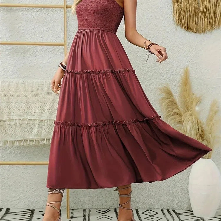 Elegant Backless Pleated Ruffles Long Dress for Women