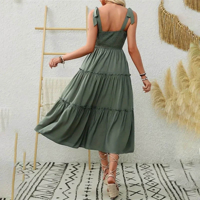 Elegant Backless Pleated Ruffles Long Dress for Women