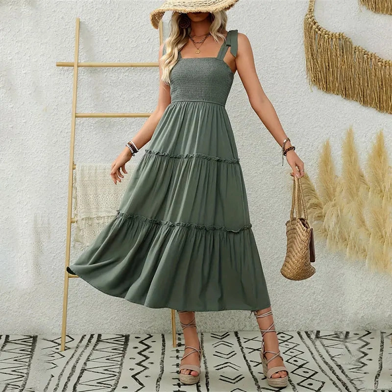 Elegant Backless Pleated Ruffles Long Dress for Women