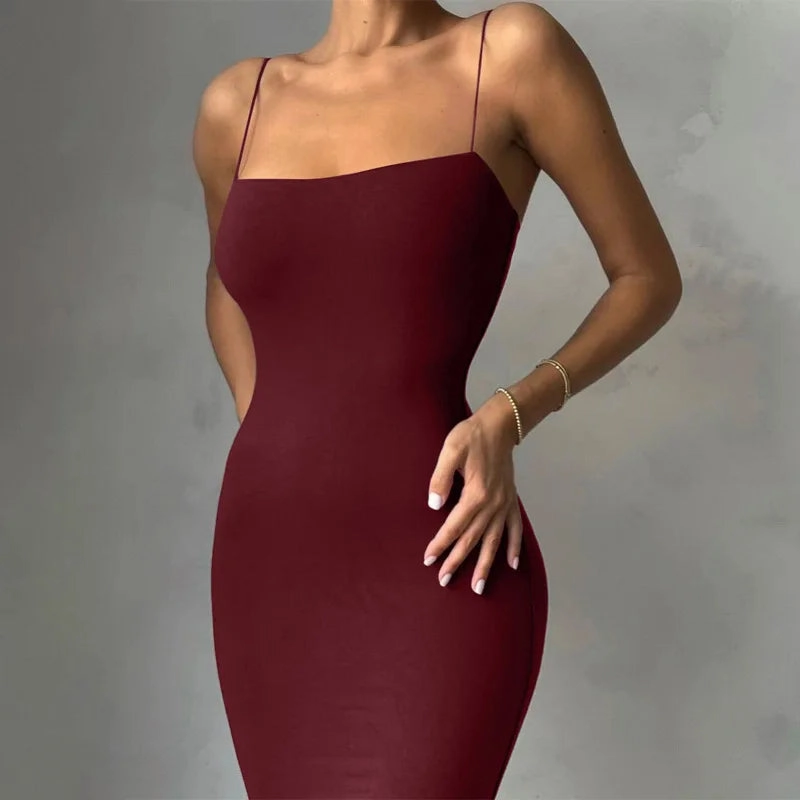 Elegant Bodycon Midi Dress for Women - Nsangu Autumn Winter Solid White Black Strap Streetwear Party Fashion