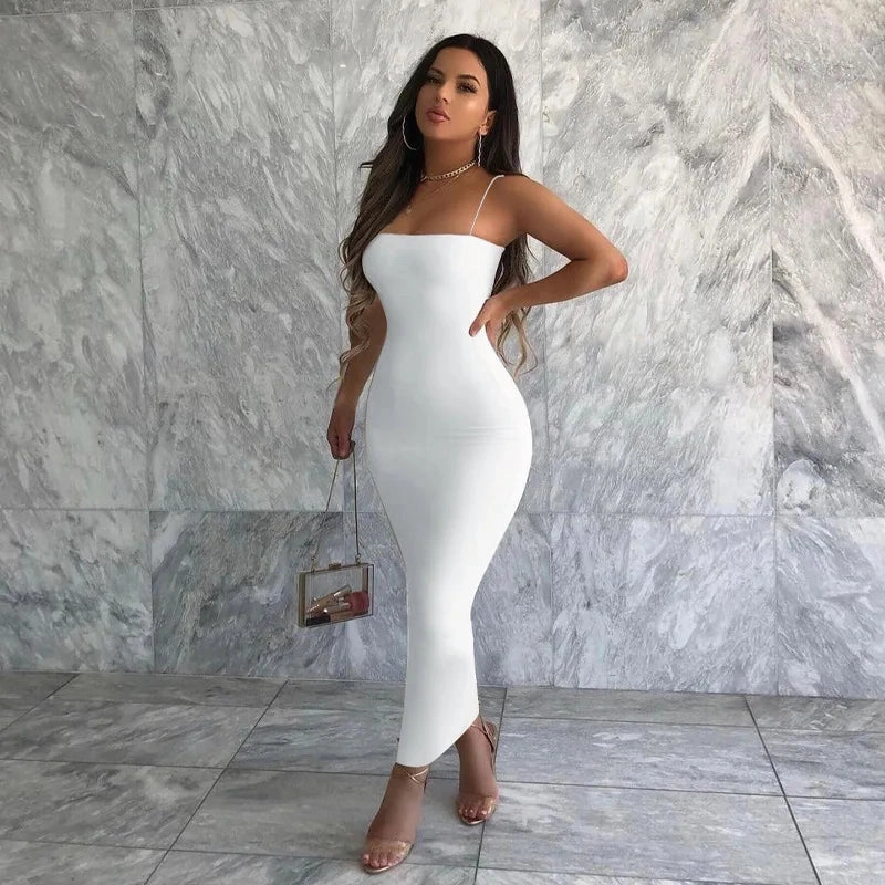 Elegant Bodycon Midi Dress for Women - Nsangu Autumn Winter Solid White Black Strap Streetwear Party Fashion