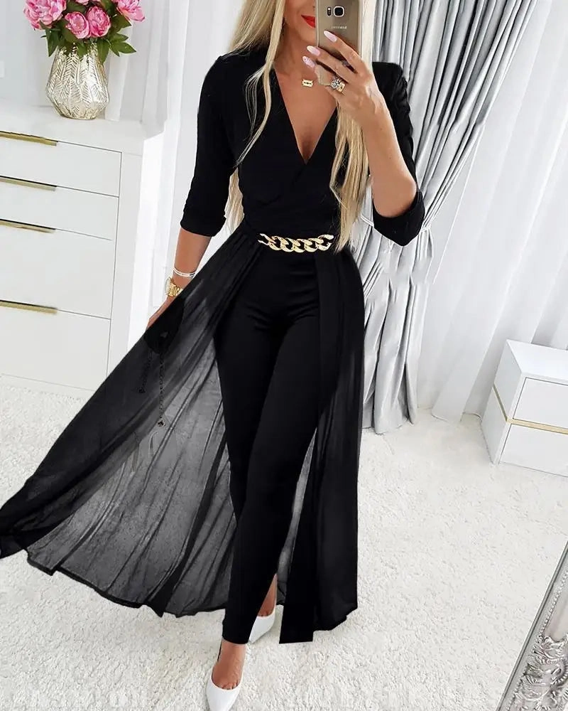 Elegant Deep V Neck Black Jumpsuit with Chain Decoration for Women - Casual Straight Leg Fashion for Work and Parties