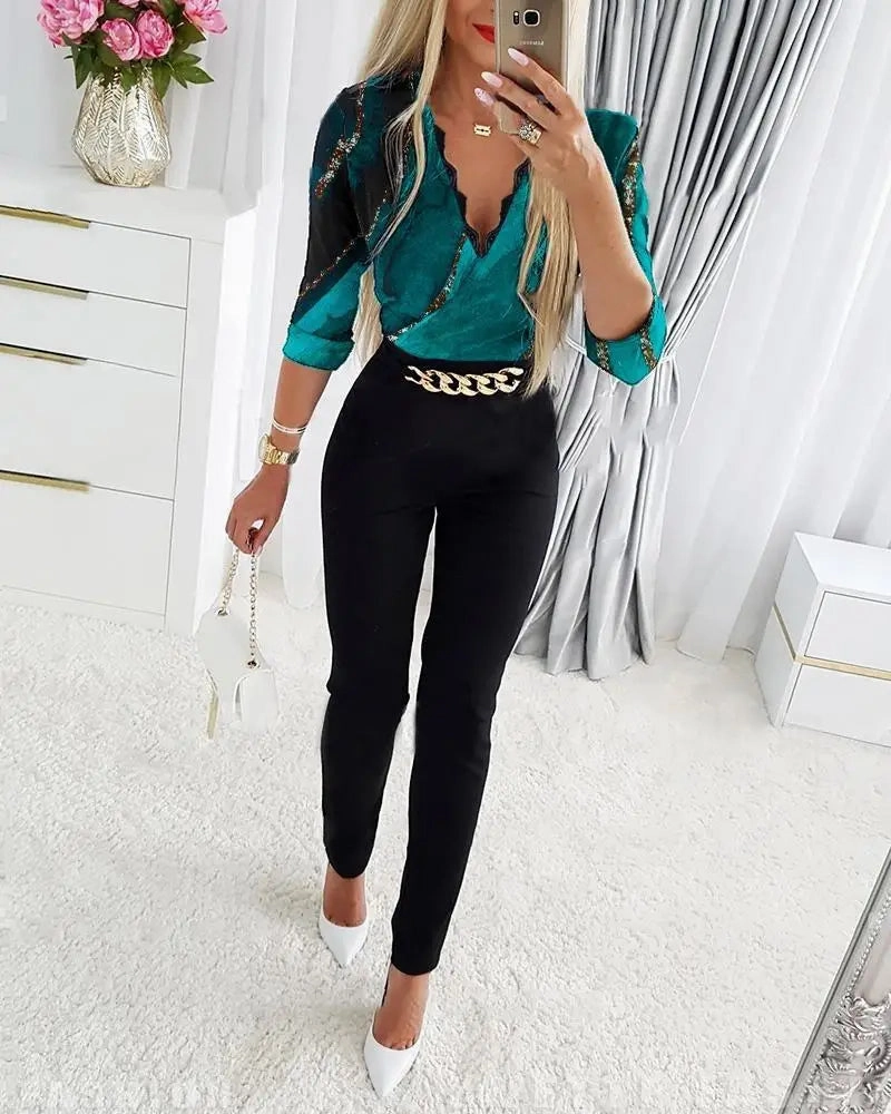 Elegant Deep V Neck Black Jumpsuit with Chain Decoration for Women - Casual Straight Leg Fashion for Work and Parties