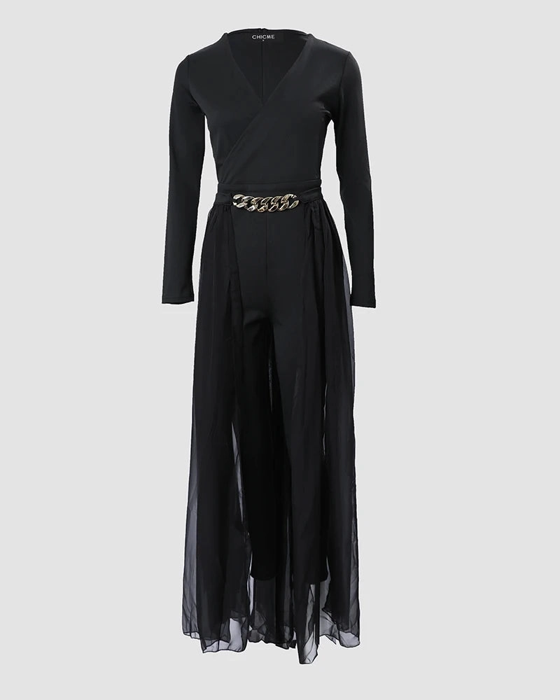 Elegant Deep V Neck Black Jumpsuit with Chain Decoration for Women - Casual Straight Leg Fashion for Work and Parties