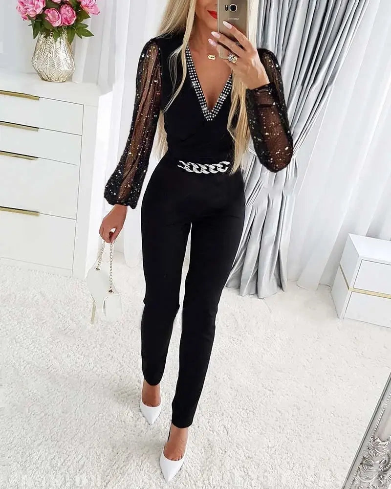 Elegant Deep V Neck Black Jumpsuit with Chain Decoration for Women - Casual Straight Leg Fashion for Work and Parties