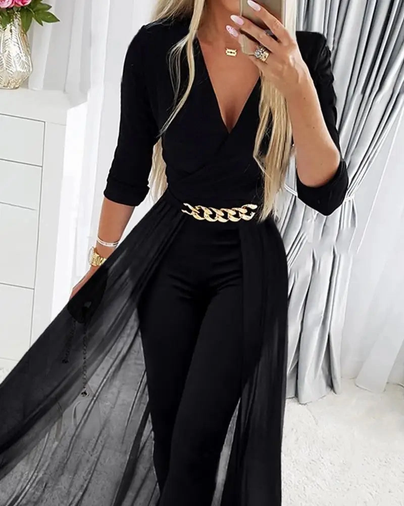 Elegant Deep V Neck Black Jumpsuit with Chain Decoration for Women - Casual Straight Leg Fashion for Work and Parties