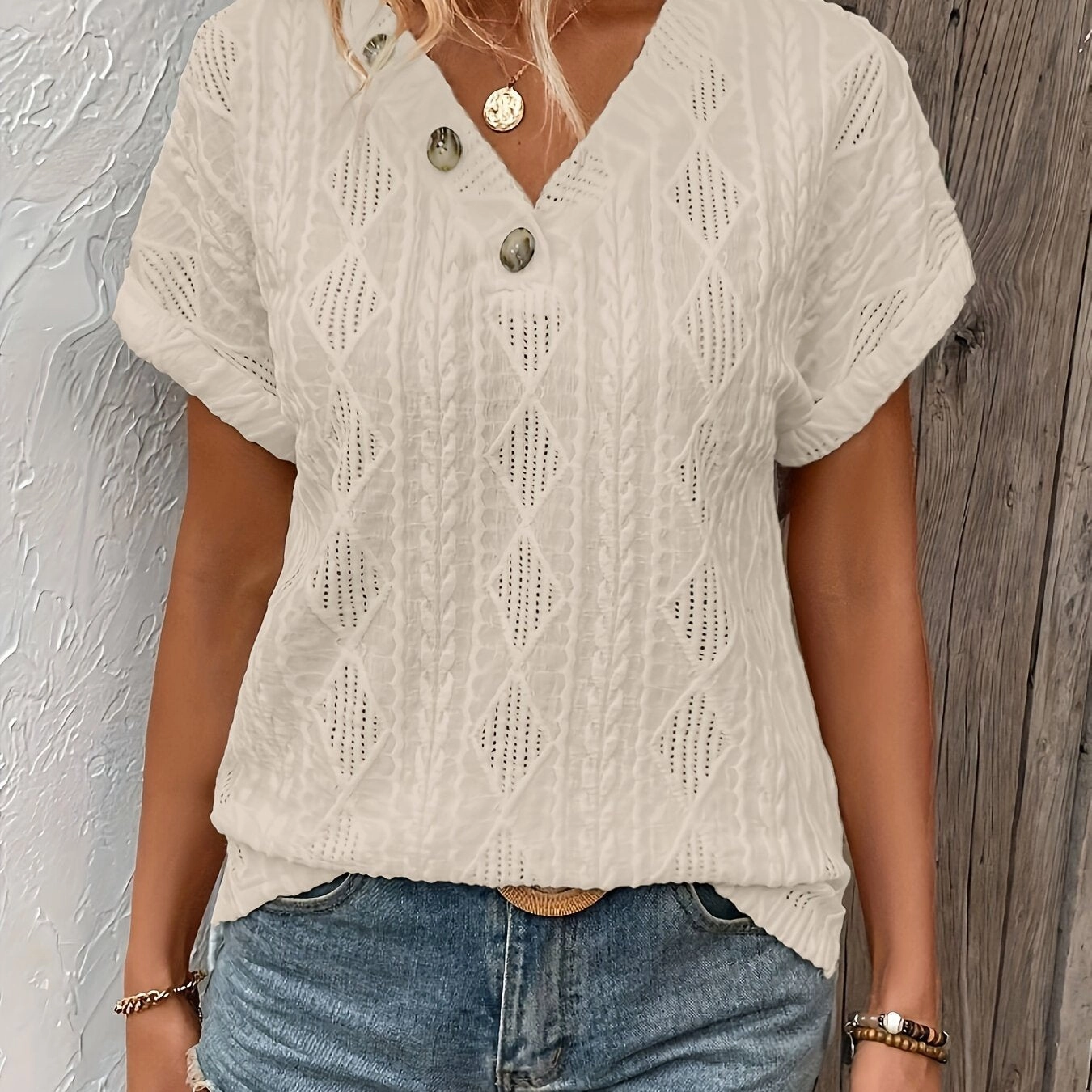 Elegant Fake Button Solid Color Crew Neck T-shirt for Women