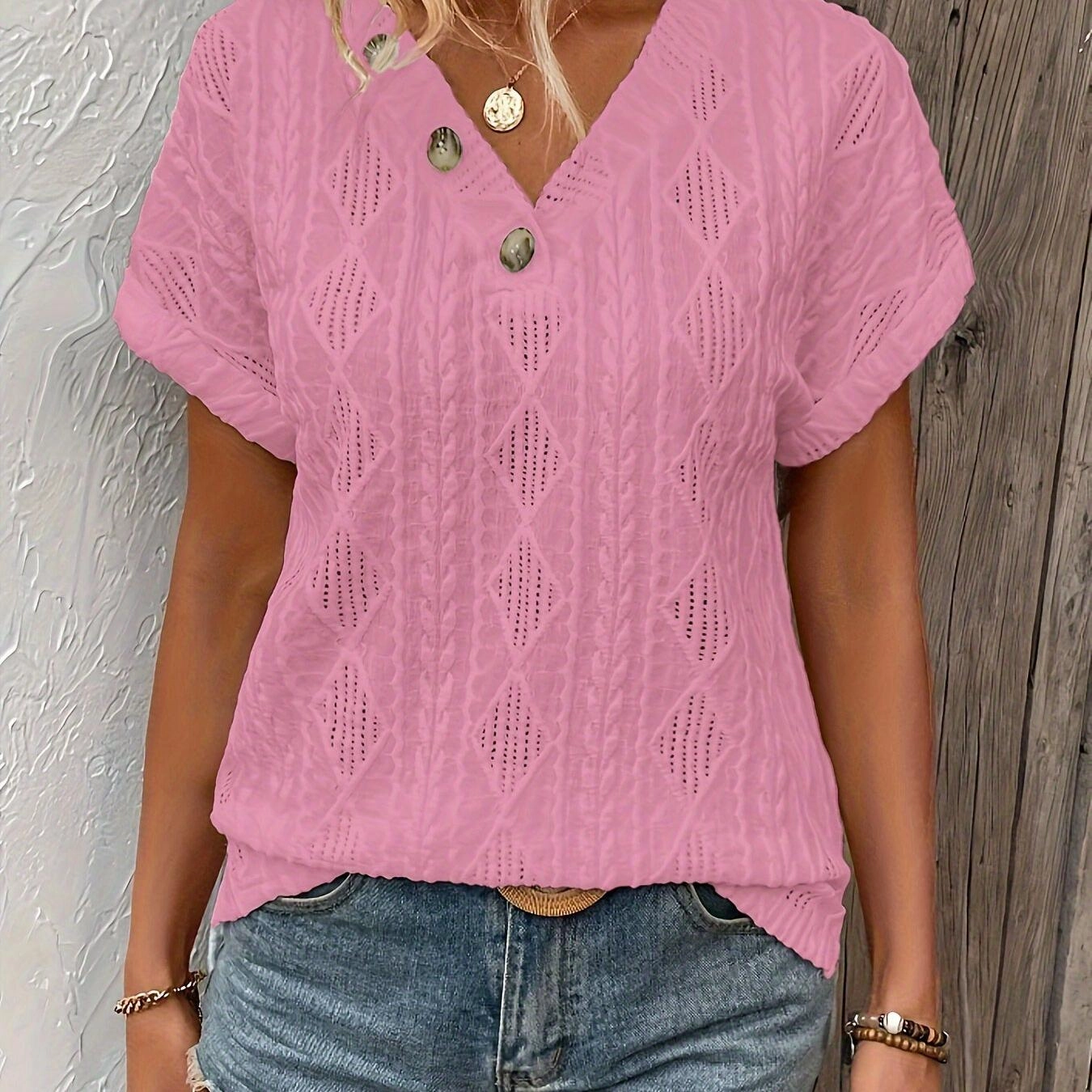 Elegant Fake Button Solid Color Crew Neck T-shirt for Women