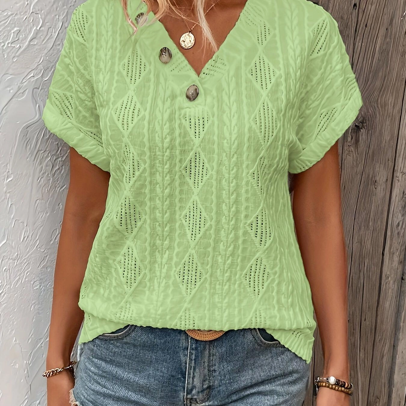 Elegant Fake Button Solid Color Crew Neck T-shirt for Women
