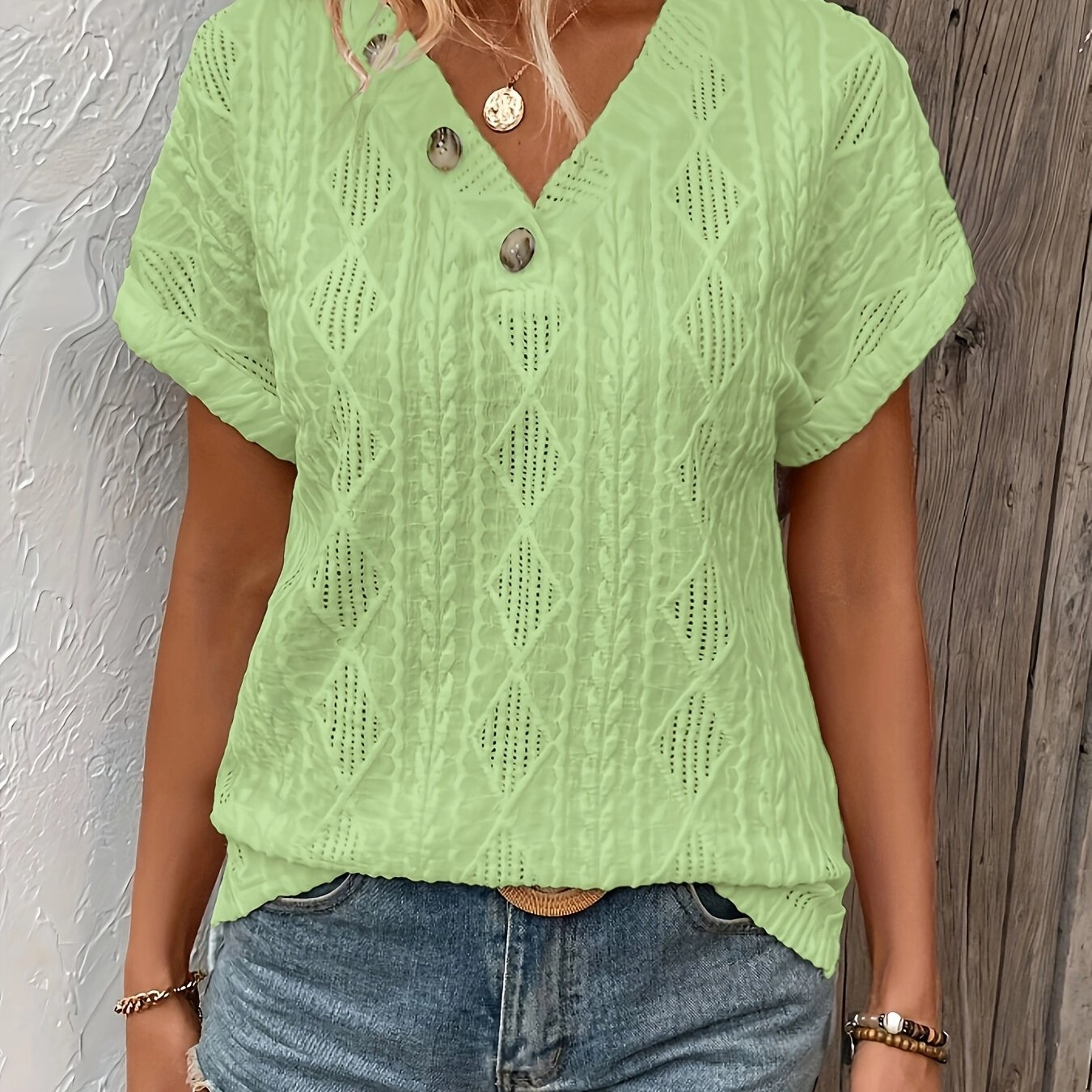 Elegant Fake Button Solid Color Crew Neck T-shirt for Women