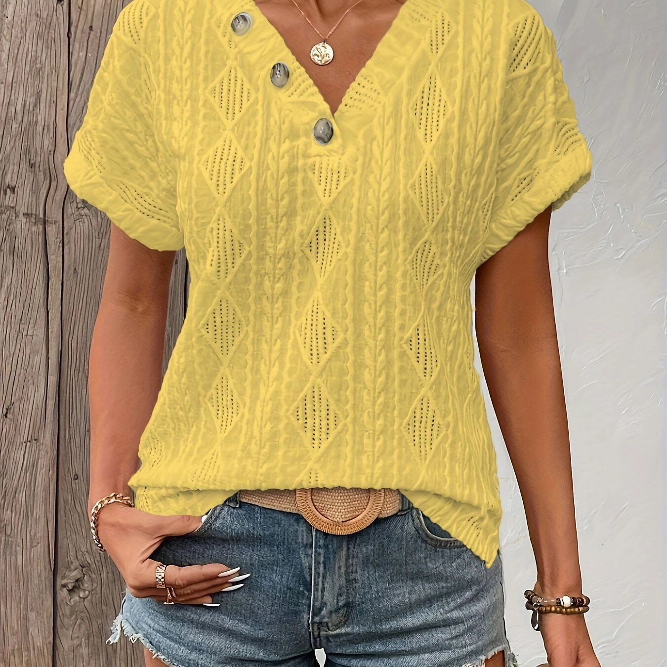 Elegant Fake Button Solid Color Crew Neck T-shirt for Women