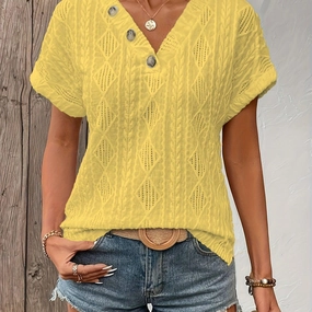 Elegant Fake Button Solid Color Crew Neck T-shirt for Women