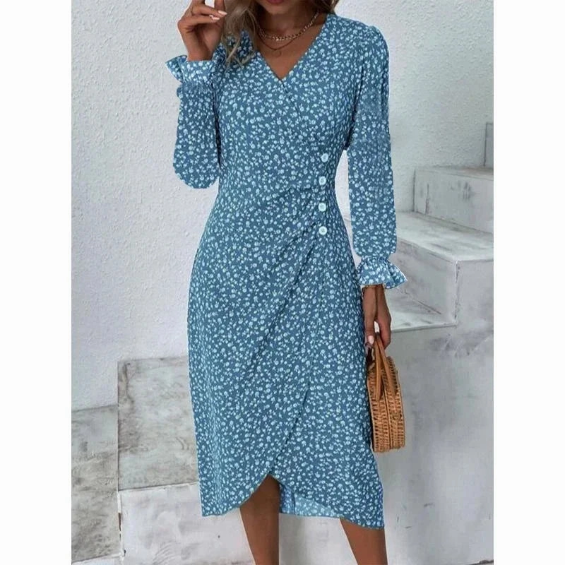 Elegant Floral Pleated Midi Dress with V Neck Puff Sleeves