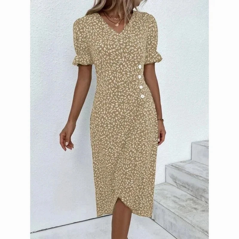 Elegant Floral Pleated Midi Dress with V Neck Puff Sleeves