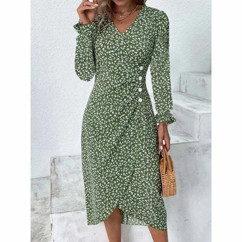 Elegant Floral Pleated Midi Dress with V Neck Puff Sleeves