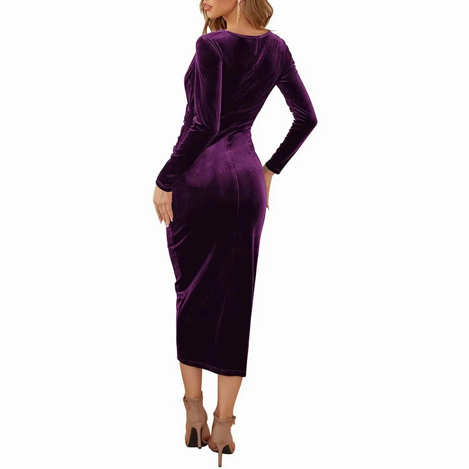 Elegant Gold Velvet Wrap Dress with V-Neck and Knee-Length Silhouette for Women - Perfect for Autumn/Winter Style