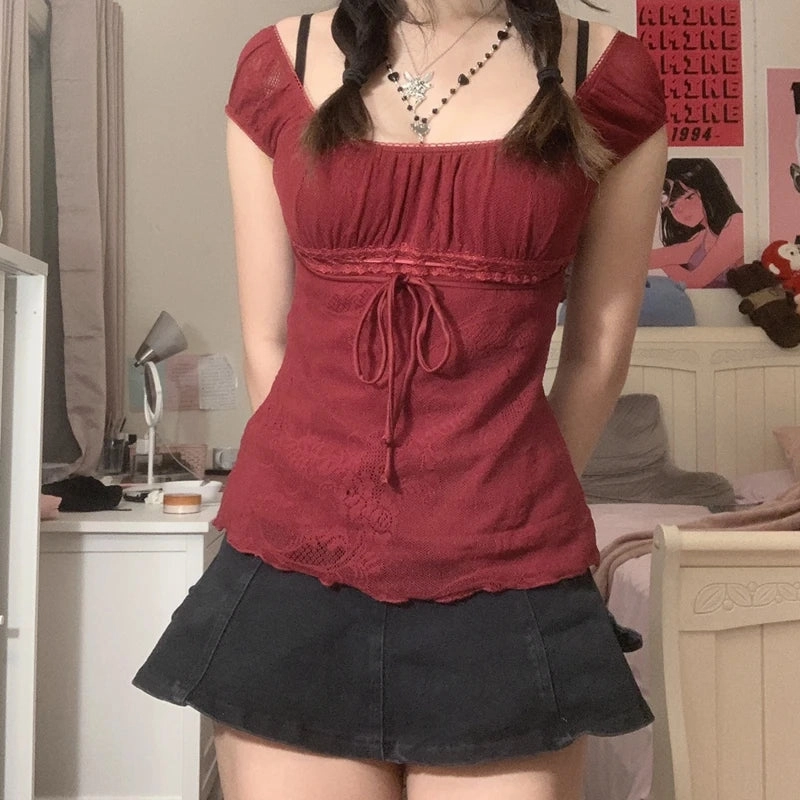 Elegant Lady Square Collar T-Shirt Kawaii Bow Crop Top Retro Summer Tees