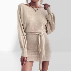 Elegant Long Sleeve Bodycon Dress Women Wool Mini Dress