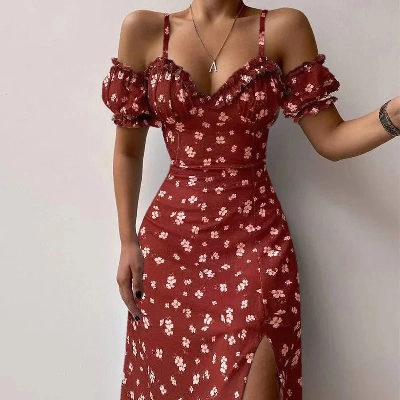 Elegant Off Shoulder V Neck Long Dress with Floral Print