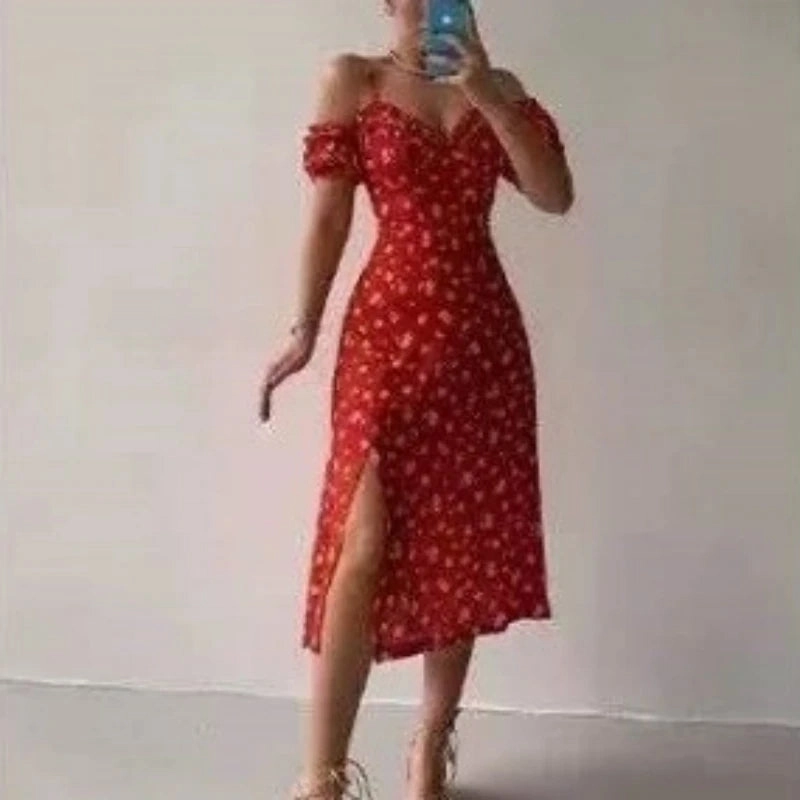 Elegant Off Shoulder V Neck Long Dress with Floral Print