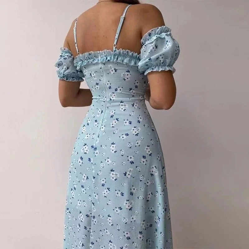 Elegant Off Shoulder V Neck Long Dress with Floral Print