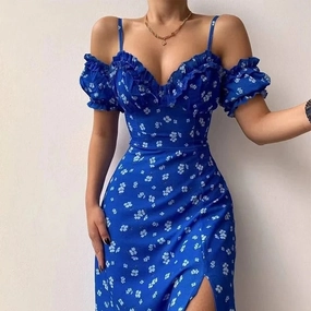 Elegant Off Shoulder V Neck Long Dress with Floral Print