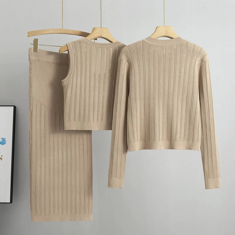 Elegant Spring Hollow Knitted Suits 3 Piece Dress Set Women Outwear Korea Fashion Sweater Dress Female