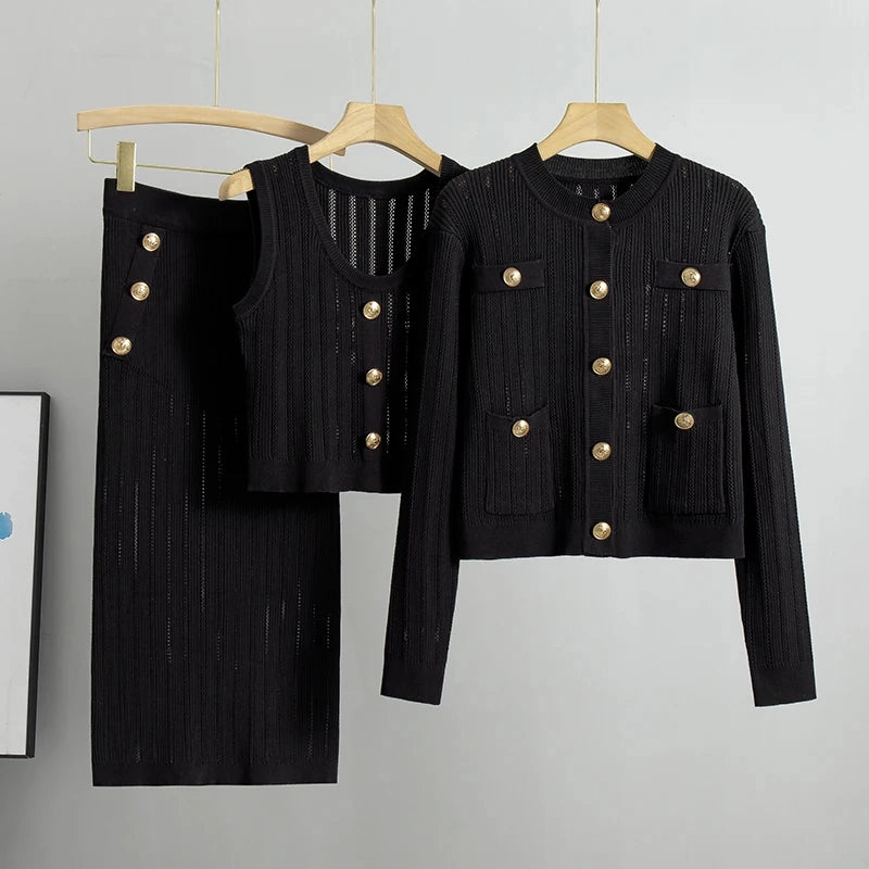 Elegant Spring Hollow Knitted Suits 3 Piece Dress Set Women Outwear Korea Fashion Sweater Dress Female