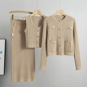 Elegant Spring Hollow Knitted Suits 3 Piece Dress Set Women Outwear Korea Fashion Sweater Dress Female