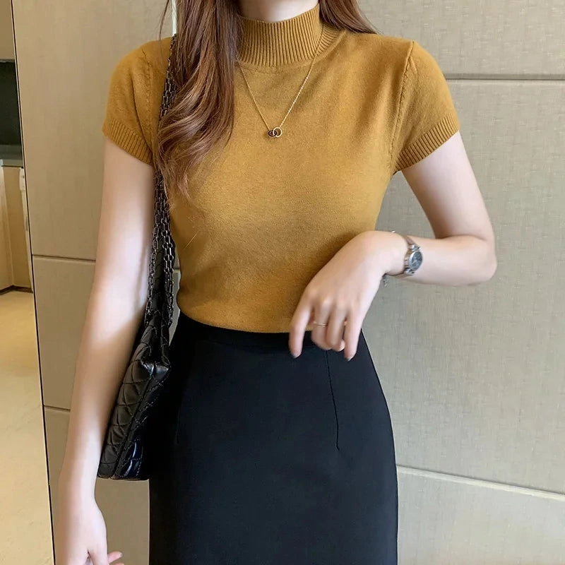 Elegant Summer Half Turtleneck Slim Knitted T-shirt for Women