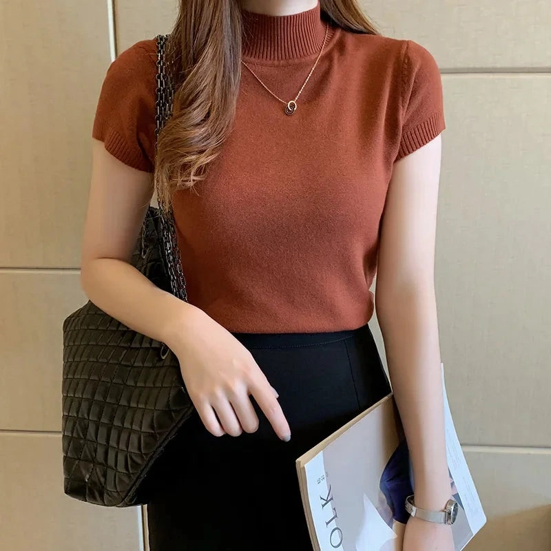 Elegant Summer Half Turtleneck Slim Knitted T-shirt for Women
