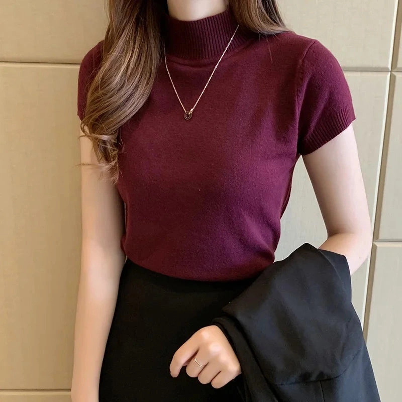 Elegant Summer Half Turtleneck Slim Knitted T-shirt for Women