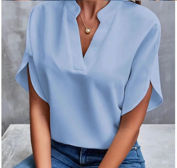 Elegant Summer Women's Blouse with V-Neck Short Sleeves Chiffon Casual White Top for Office and Going Out