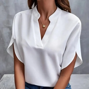 Elegant Summer Women's Blouse with V-Neck Short Sleeves Chiffon Casual White Top for Office and Going Out