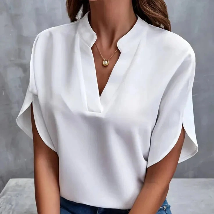 Elegant Summer Women's Blouse with V-Neck Short Sleeves Chiffon Casual White Top for Office and Going Out