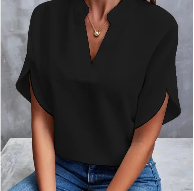 Elegant Summer Women's Blouse with V-Neck Short Sleeves Chiffon Casual White Top for Office and Going Out