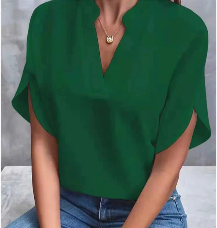 Elegant Summer Women's Blouse with V-Neck Short Sleeves Chiffon Casual White Top for Office and Going Out
