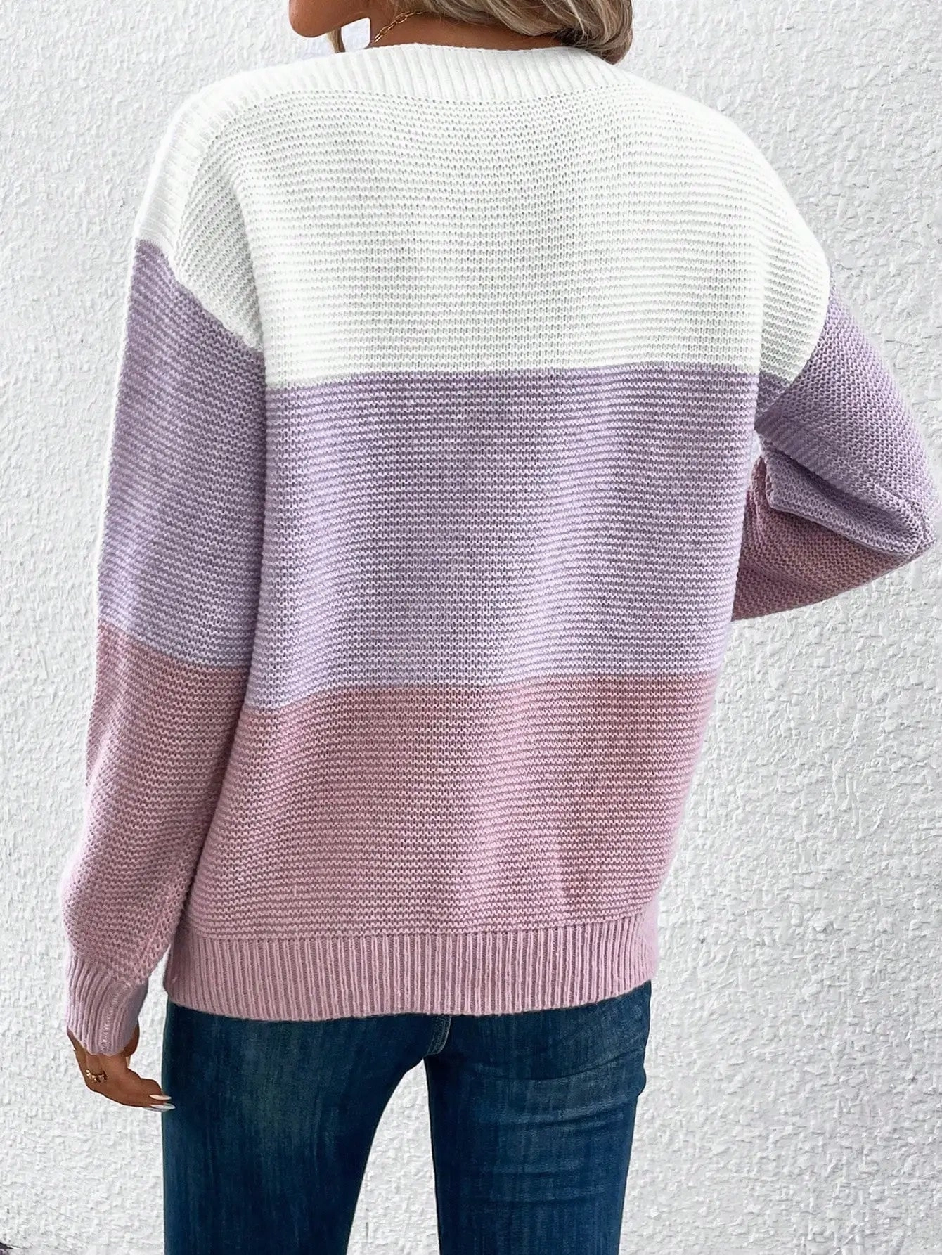 Elegant Three-color Patchwork Sweater for Women Casual Warm Jumpers