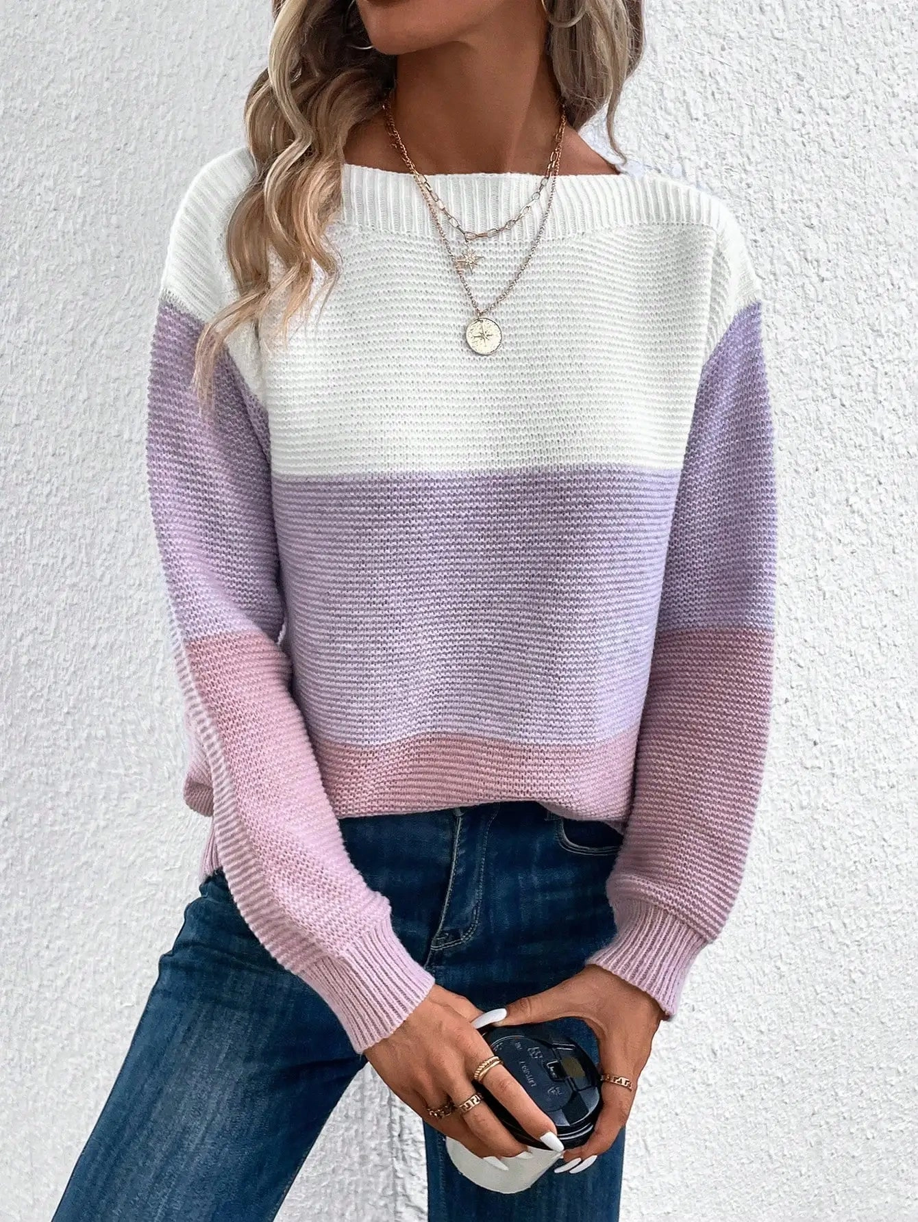 Elegant Three-color Patchwork Sweater for Women Casual Warm Jumpers