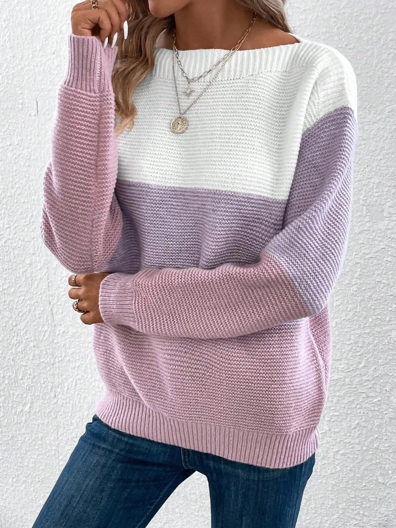 Elegant Three-color Patchwork Sweater for Women Casual Warm Jumpers