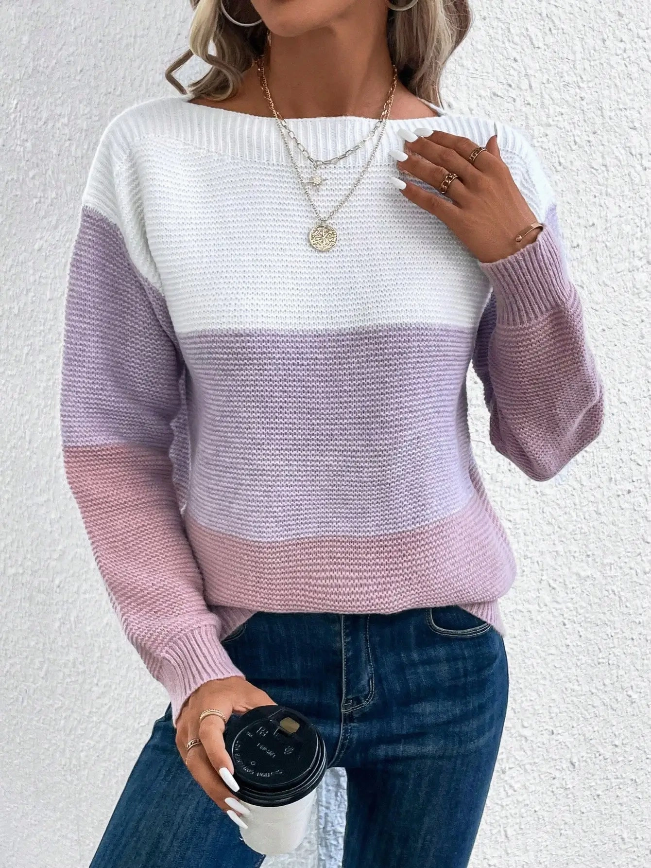 Elegant Three-color Patchwork Sweater for Women Casual Warm Jumpers