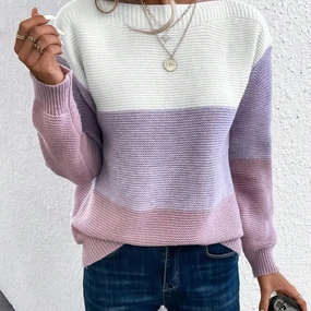 Elegant Three-color Patchwork Sweater for Women Casual Warm Jumpers